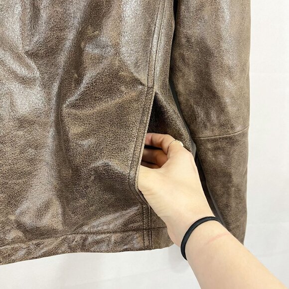 Roundtree & Yorke Brown Leather Striped Jacket Racing Biker Pockets Size Medium - Picture 3 of 7